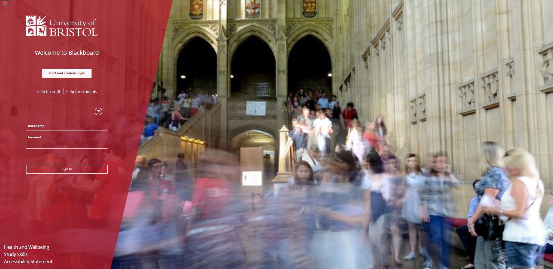 Photo of students in a University of Bristol building. On top of a red overlay on the left, there is a button for staff and student login and another button for guests. There are 2 links for help for staff and students respectively under the first button and more helpful links at the bottom left of the page.